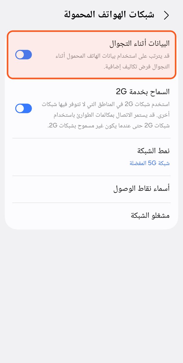تجوال البيانات لشريحة eSIM على Samsung، الخطوة 3: شاشة شبكات الهواتف المحمولة مع تفعيل البيانات أثناء التجوال